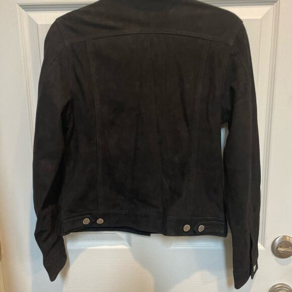 Quince Wm’s Suede Trucker Jacket Sz S Black Cropped New with tags - Picture 2 of 9